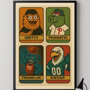 Philly Mascots Framed 13×19 Art Print – Gritty, Phanatic, Franklin & Swoop Wall